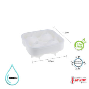 Forma De Gelo 04 Esferas 45mm Em Silicone C/tampa Branco