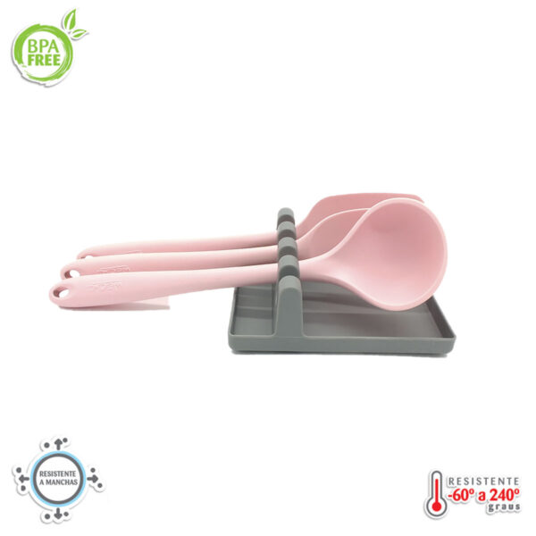 Kit utensílios de Silicone Rosa com Descanso - Imagem 2