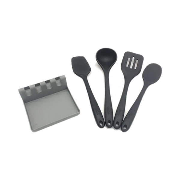 Kit de 5 utensílios de Silicone Preto com Descanso