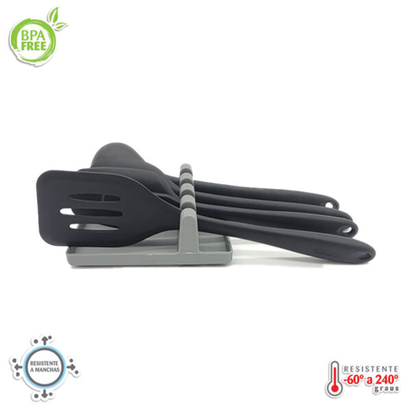 Kit de 5 utensílios de Silicone Preto com Descanso - Imagem 2