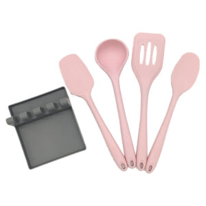 Kit de 5 utensílios de Silicone Rosa com Descanso