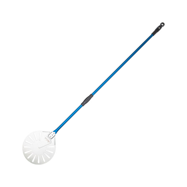 Pá  Perfurada para Girar Pizza Inox 23cm c/ Cabo em Alumínio Azul 142cm