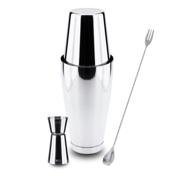 Kit Coqueteleira Boston Dosador e Colher Bailarina com Garfo