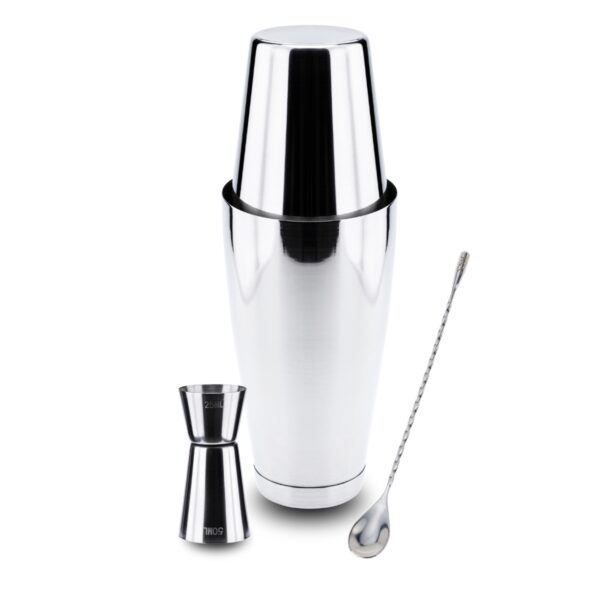 Kit Coqueteleira Boston Dosador e Colher Bailarina Inox 25cm